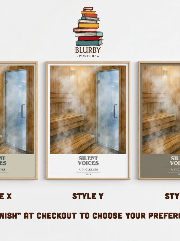 Silent Voices book cover print in frame leaning in hallway – mystery wall art