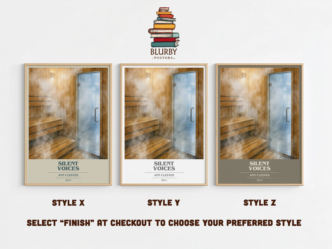 Silent Voices book cover print in frame leaning in hallway – mystery wall art (mockup)