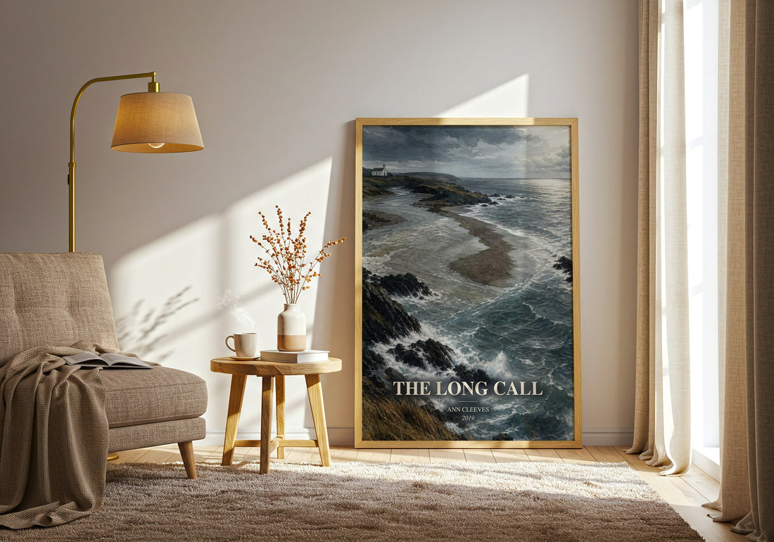 The Long Call watercolour print in frame leaning in hallway – mystery wall art (mockup)