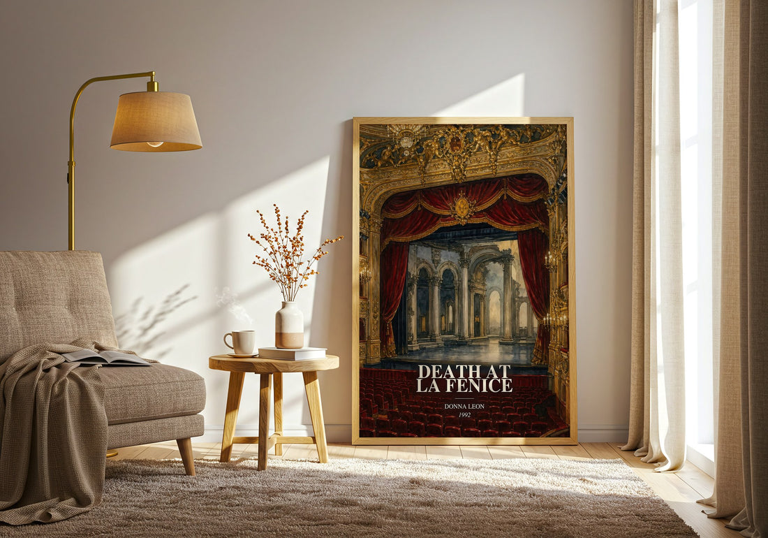 Death at La Fenice watercolour print in frame leaning in hallway – mystery wall art (mockup)