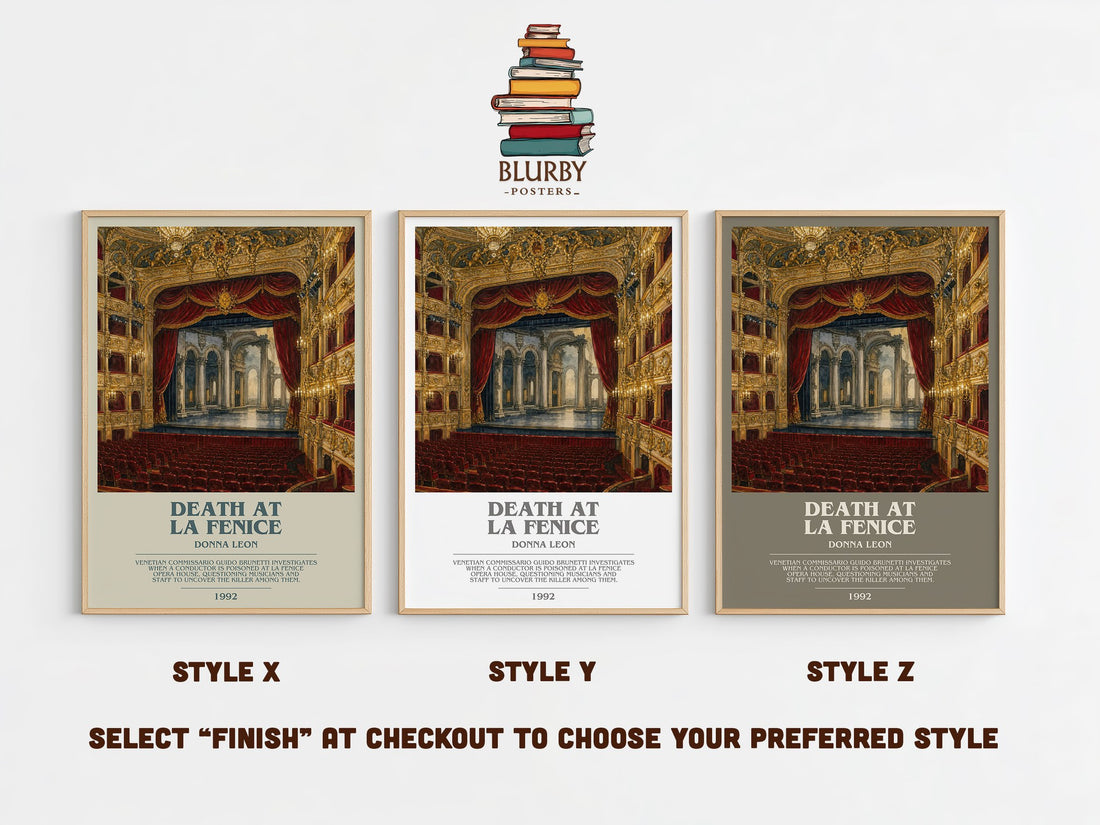 Death at La Fenice bookish print in frame leaning in hallway – mystery wall art (mockup)
