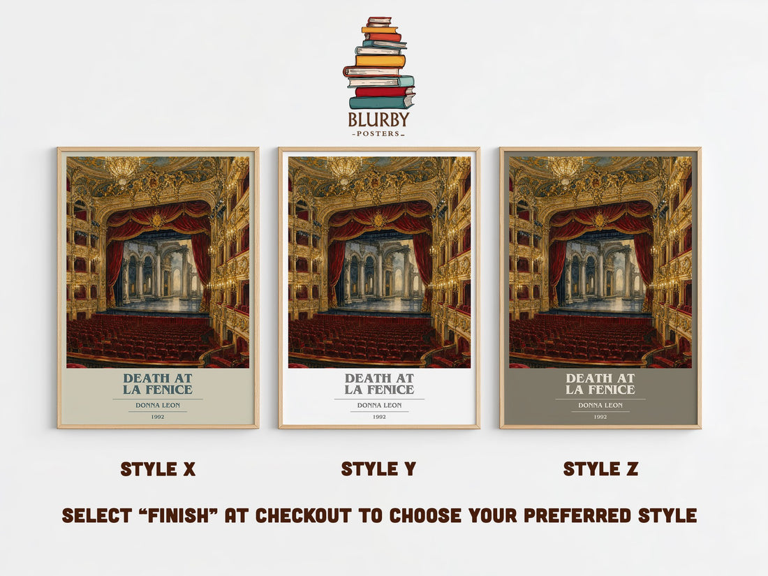 Death at La Fenice book cover print in frame leaning in hallway – mystery wall art (mockup)