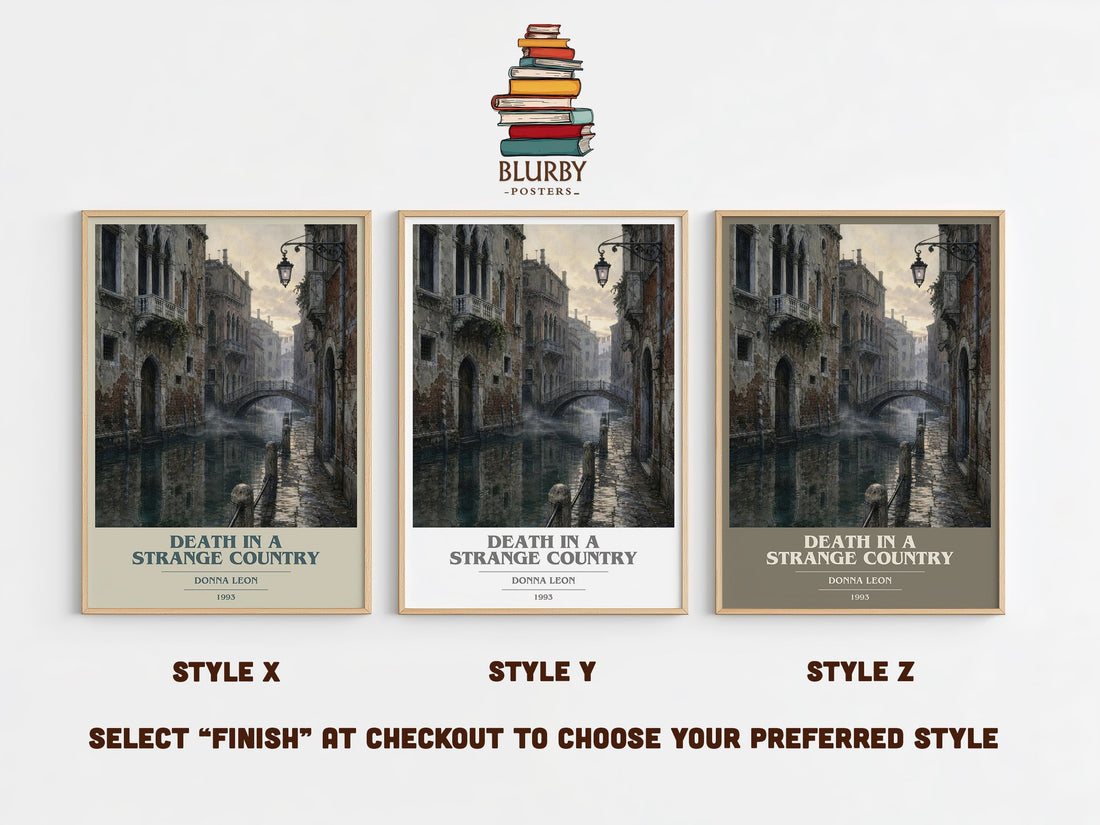 Death in a Strange Country book cover print in frame leaning in hallway – mystery wall art (mockup)