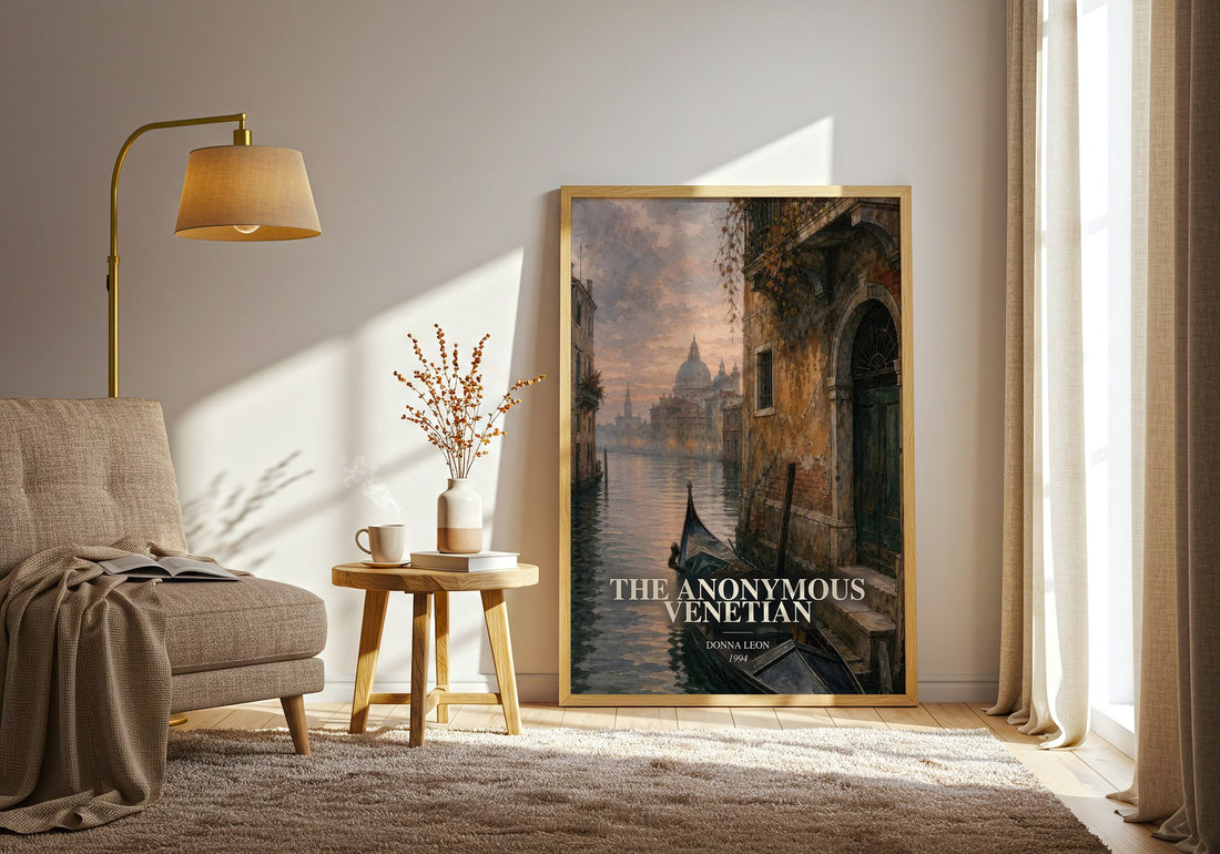 The Anonymous Venetian watercolour print in frame leaning in hallway – literary fiction wall art (mockup)