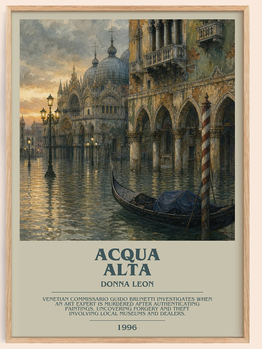 Acqua Alta bookish book poster by Donna Leon – framed literary art print