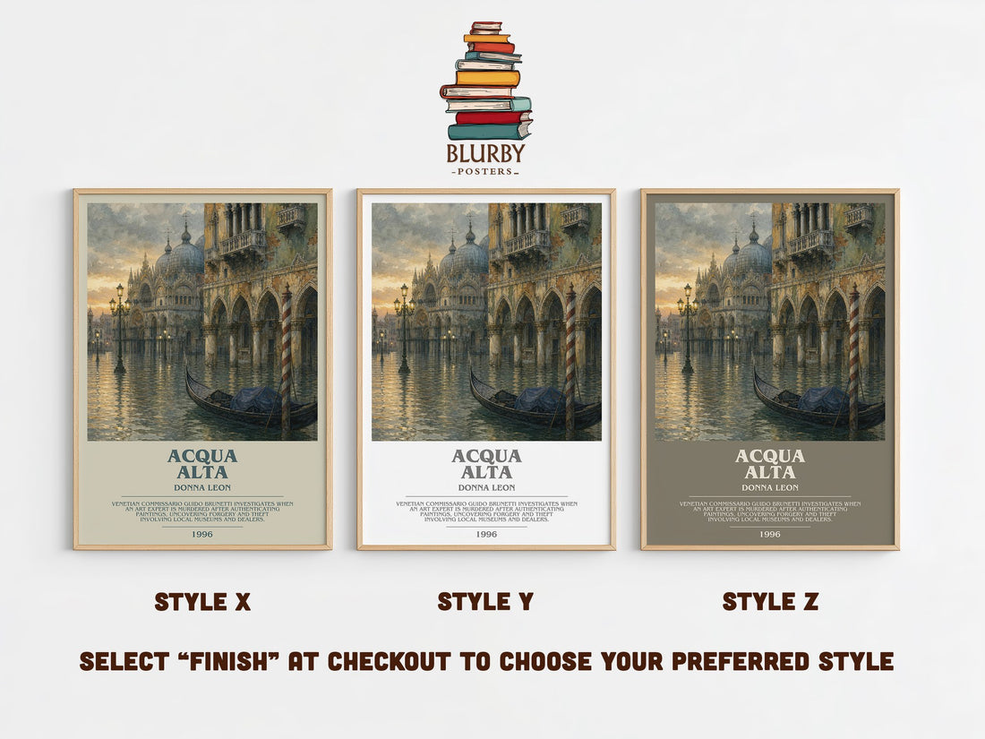 Acqua Alta bookish print in frame leaning in hallway – mystery wall art (mockup)