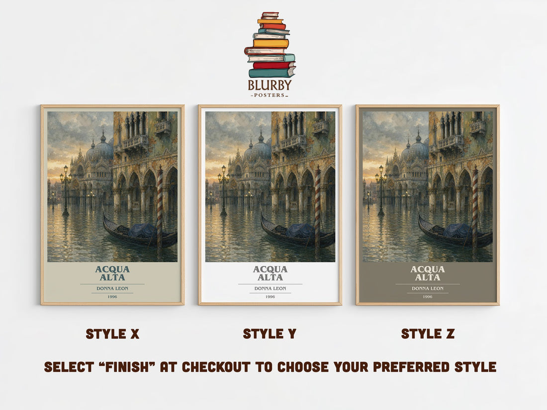Acqua Alta book cover print in frame leaning in hallway – mystery wall art (mockup)
