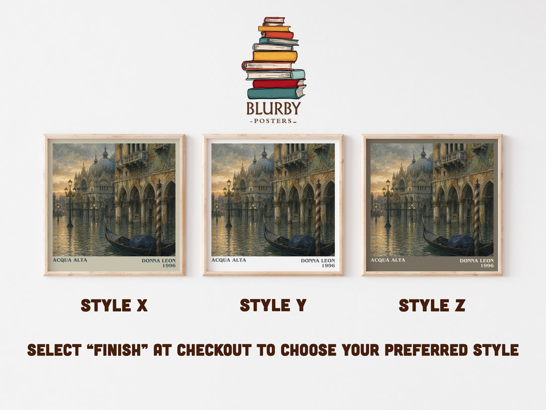 Acqua Alta literary print in frame leaning in hallway – mystery wall art (mockup)