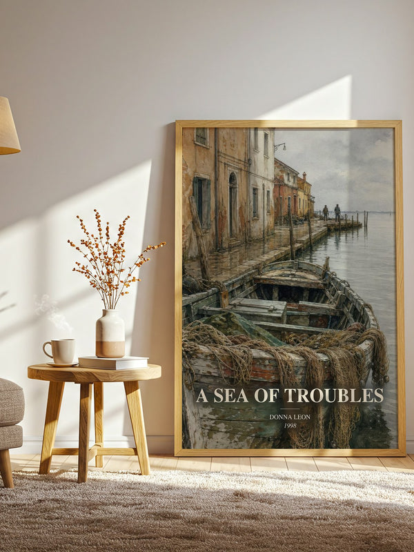 A Sea of Troubles watercolour print in frame leaning in hallway – crime wall art