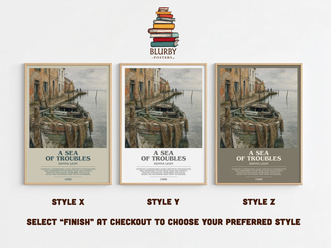 A Sea of Troubles bookish print in frame leaning in hallway – crime wall art (mockup)
