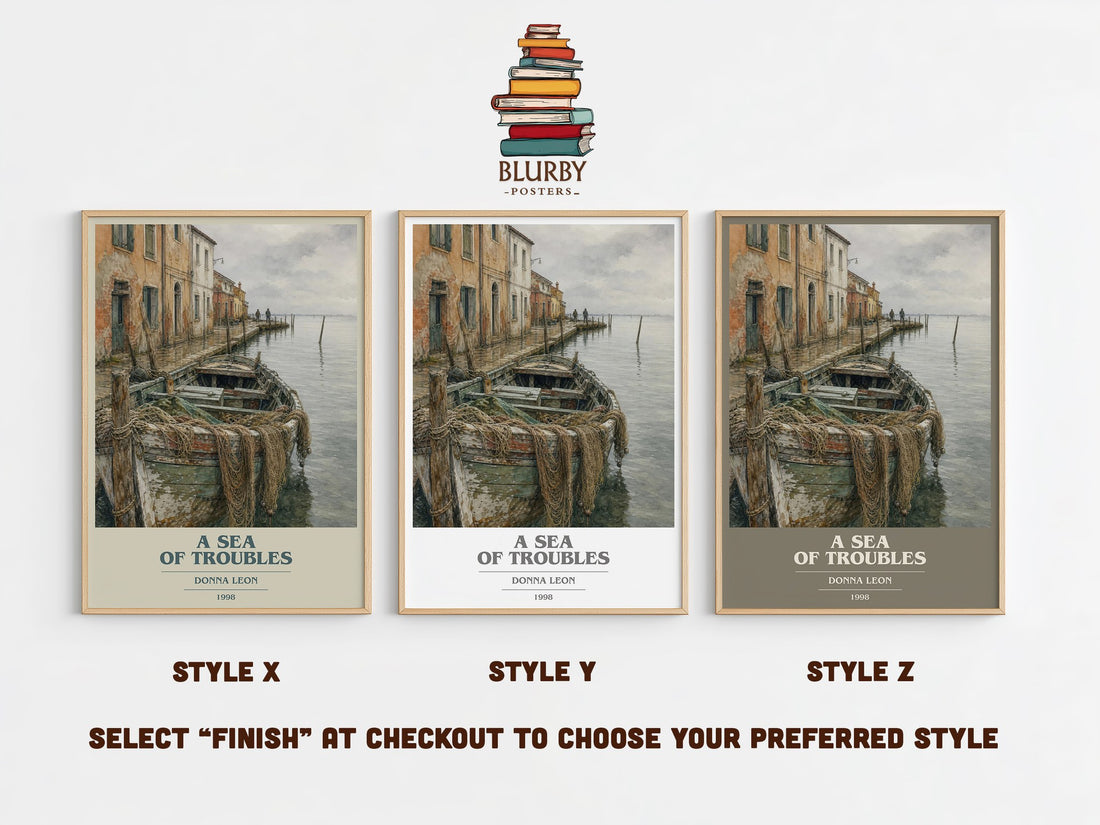 A Sea of Troubles book cover print in frame leaning in hallway – crime wall art (mockup)