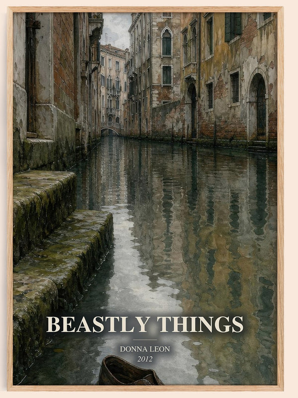 Beastly Things watercolour book poster by Donna Leon – framed literary art print