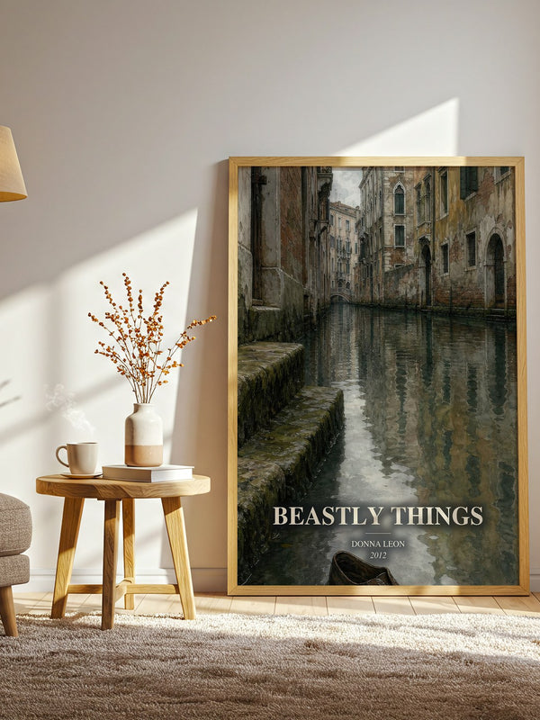 Beastly Things watercolour print in frame leaning in hallway – crime wall art