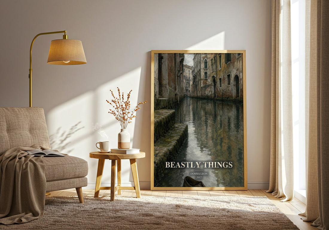 Beastly Things watercolour print in frame leaning in hallway – crime wall art (mockup)