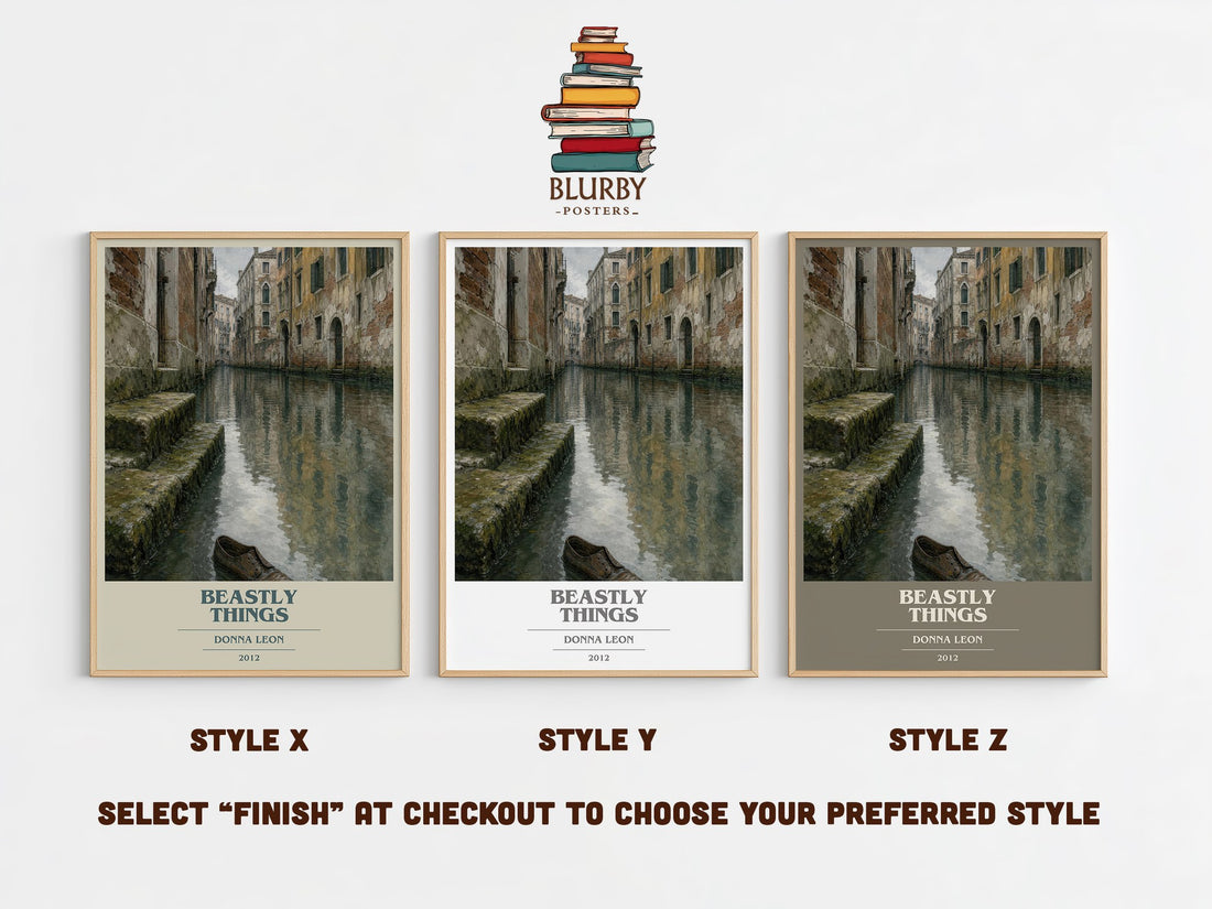 Beastly Things book cover print in frame leaning in hallway – crime wall art (mockup)