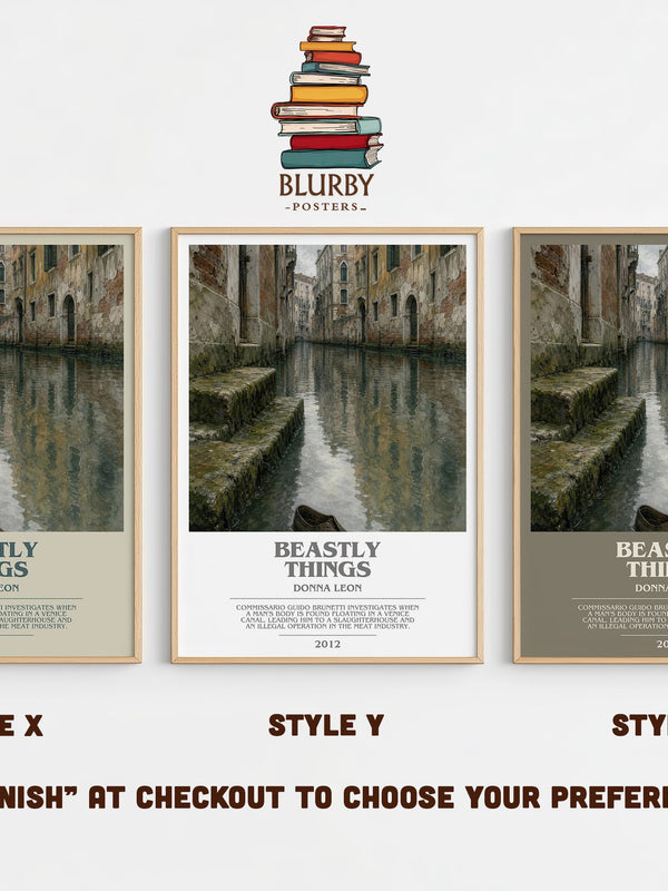 Beastly Things bookish print in frame leaning in hallway – crime wall art