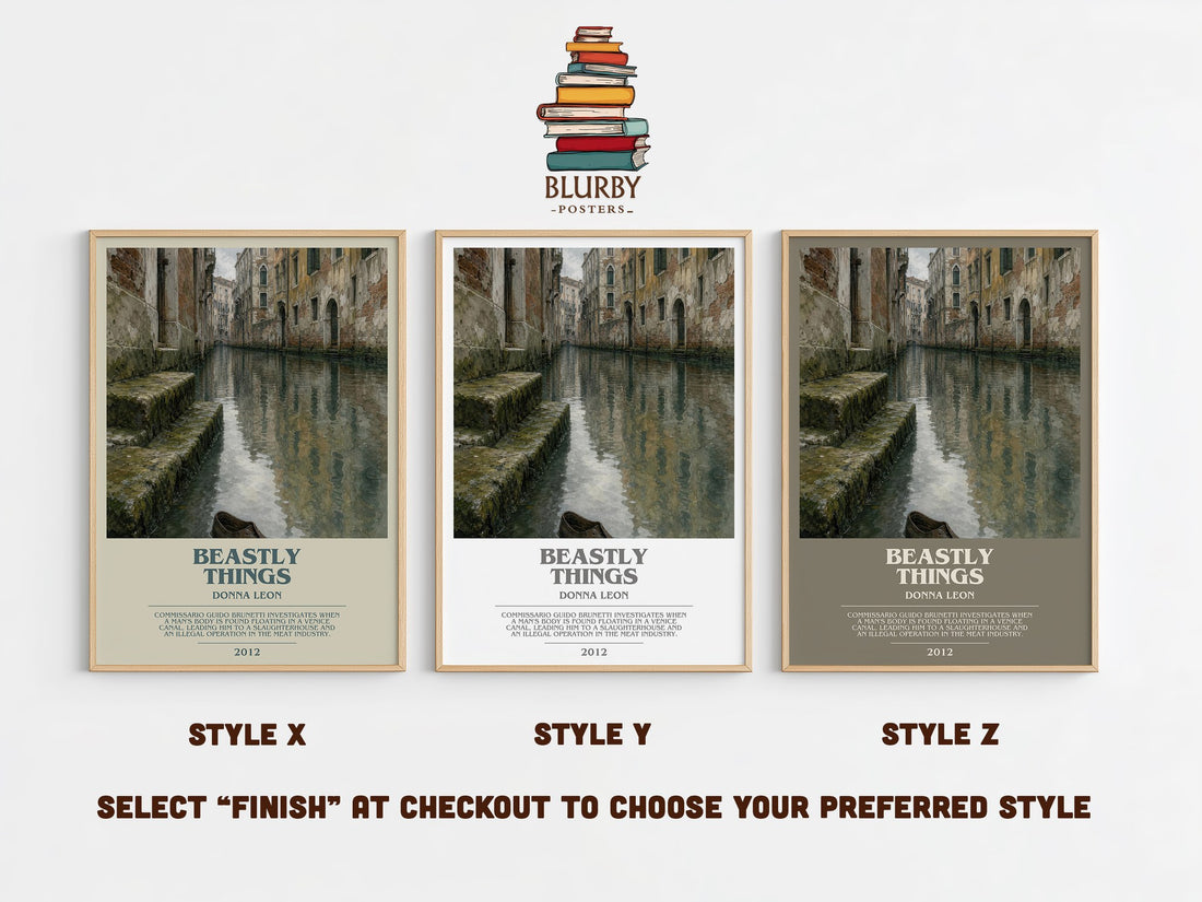 Beastly Things bookish print in frame leaning in hallway – crime wall art (mockup)