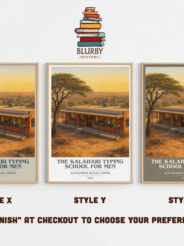 The Kalahari Typing School for Men book cover print in frame leaning in hallway – mystery wall art