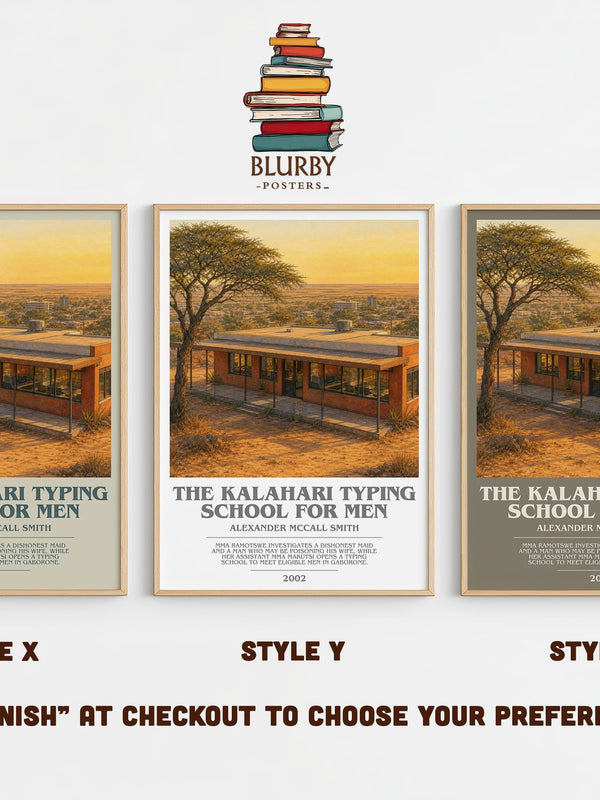 The Kalahari Typing School for Men bookish print in frame leaning in hallway – mystery wall art
