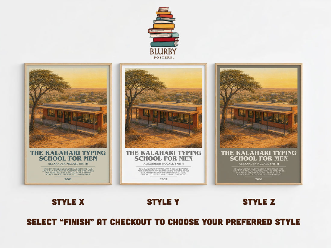 The Kalahari Typing School for Men bookish print in frame leaning in hallway – mystery wall art (mockup)