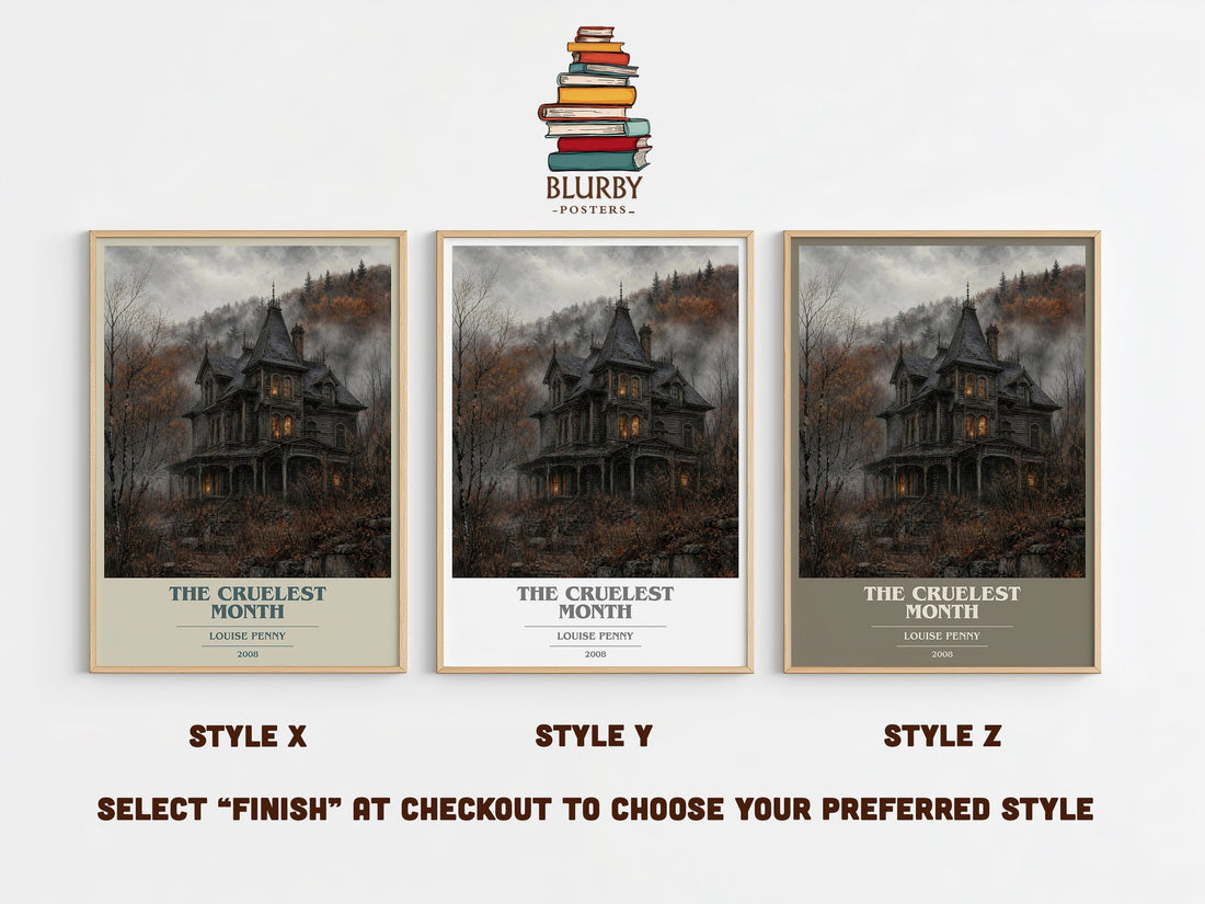 The Cruelest Month book cover print in frame leaning in hallway – mystery wall art (mockup)