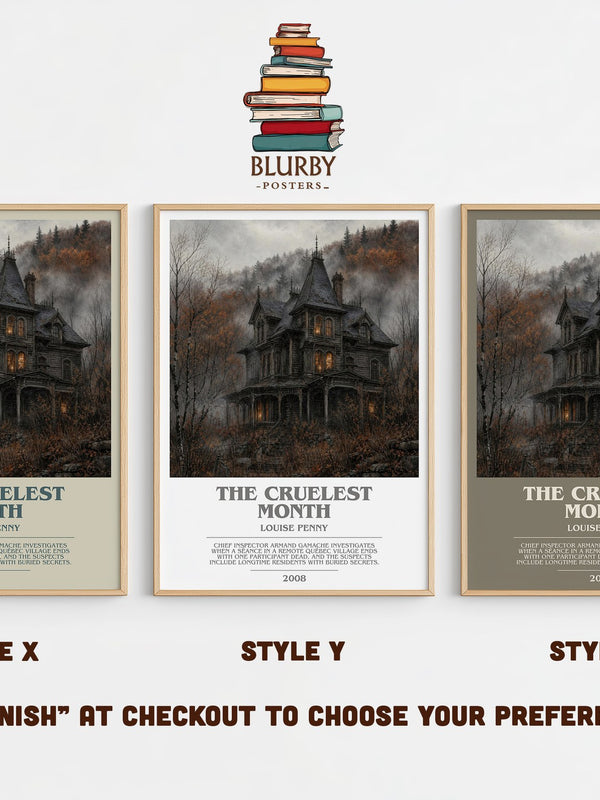 The Cruelest Month bookish print in frame leaning in hallway – mystery wall art