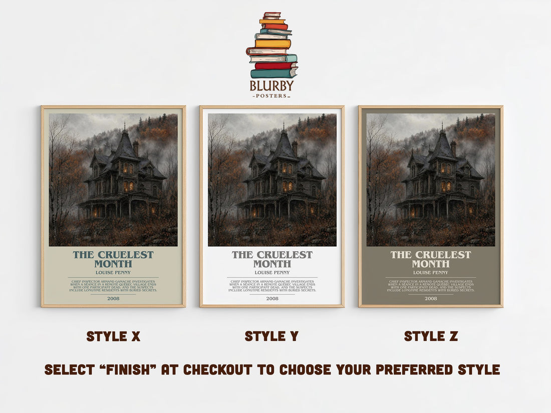 The Cruelest Month bookish print in frame leaning in hallway – mystery wall art (mockup)