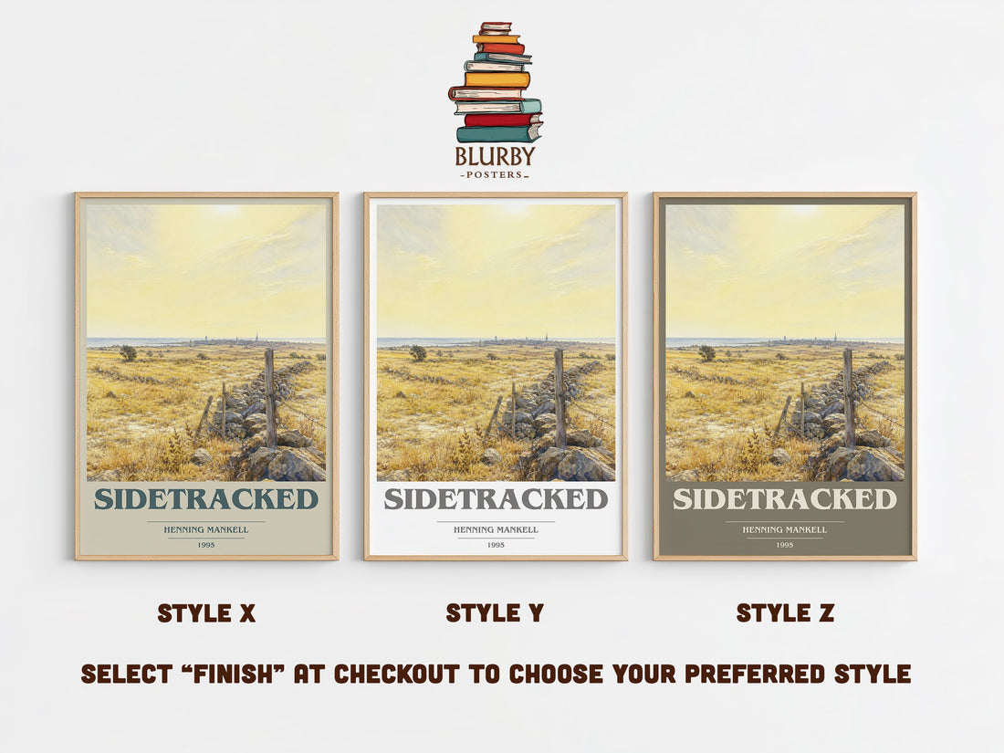 Sidetracked book cover print in frame leaning in hallway – crime wall art (mockup)