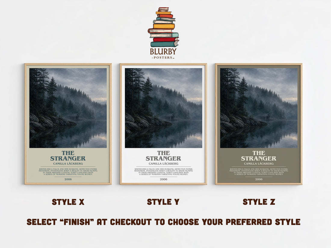 The Stranger bookish print in frame leaning in hallway – crime wall art (mockup)