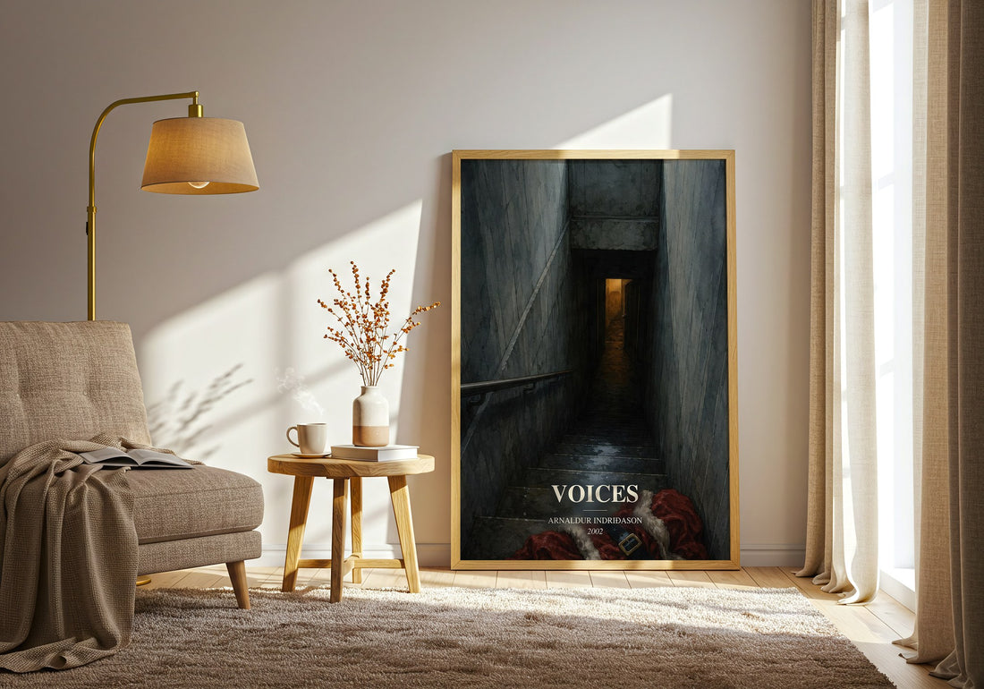Voices watercolour print in frame leaning in hallway – crime wall art (mockup)