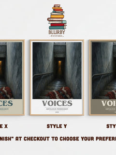 Voices book cover print in frame leaning in hallway – crime wall art