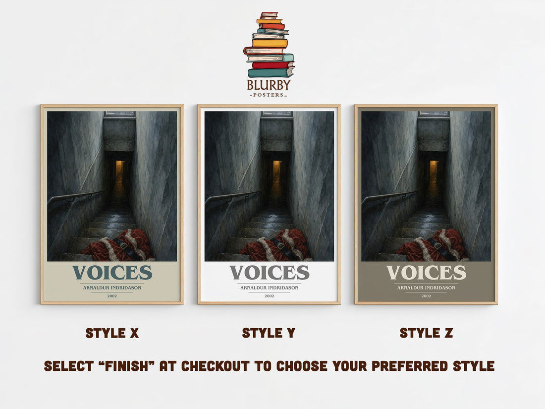 Voices book cover print in frame leaning in hallway – crime wall art (mockup)