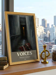 Voices book cover print framed by window – literary home decor
