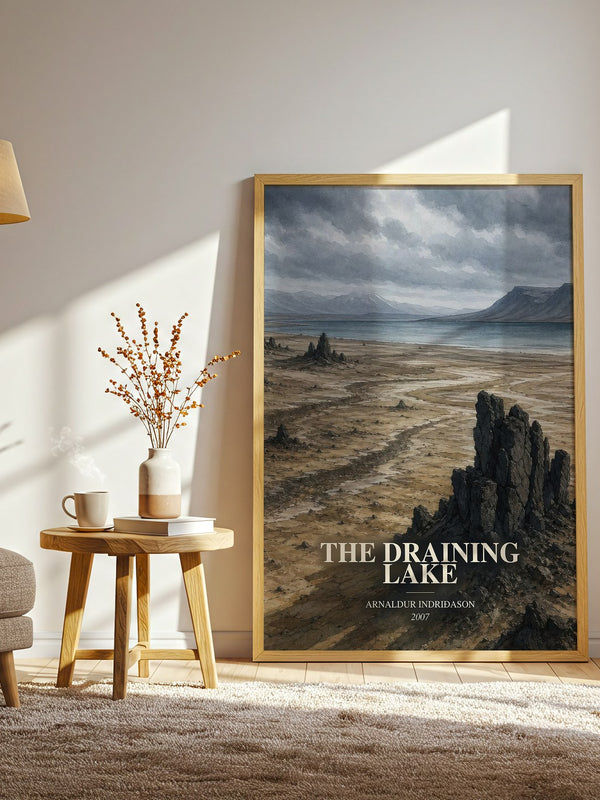 The Draining Lake watercolour print in frame leaning in hallway – crime wall art