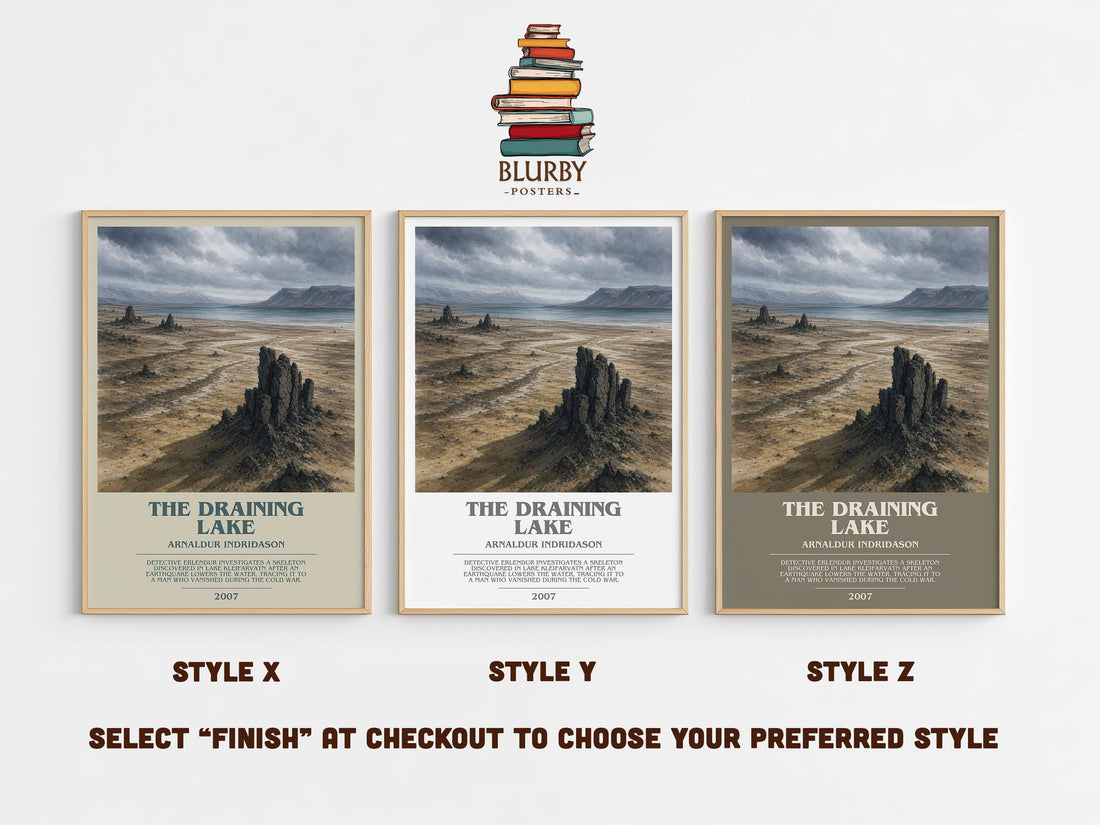 The Draining Lake bookish print in frame leaning in hallway – crime wall art (mockup)