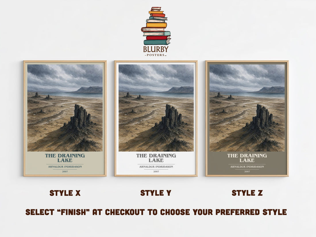 The Draining Lake book cover print in frame leaning in hallway – crime wall art (mockup)