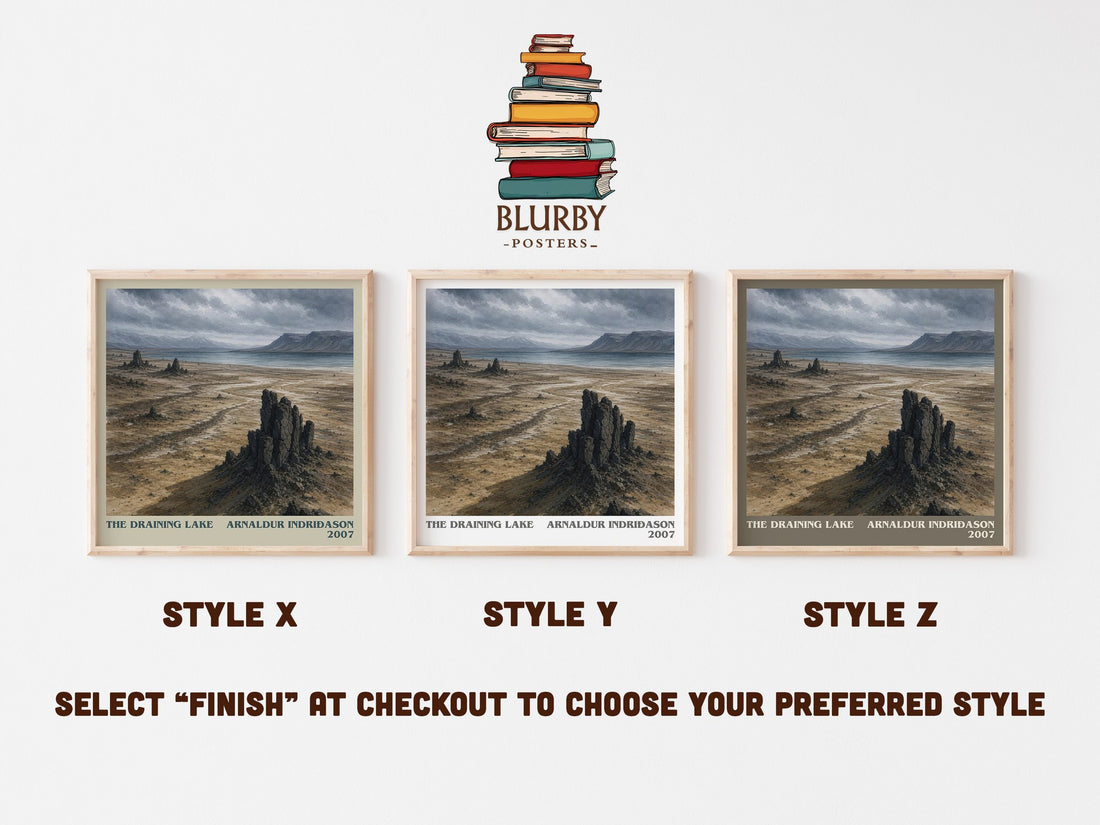 The Draining Lake literary print in frame leaning in hallway – crime wall art (mockup)
