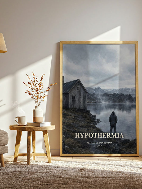 Hypothermia watercolour print in frame leaning in hallway – crime wall art