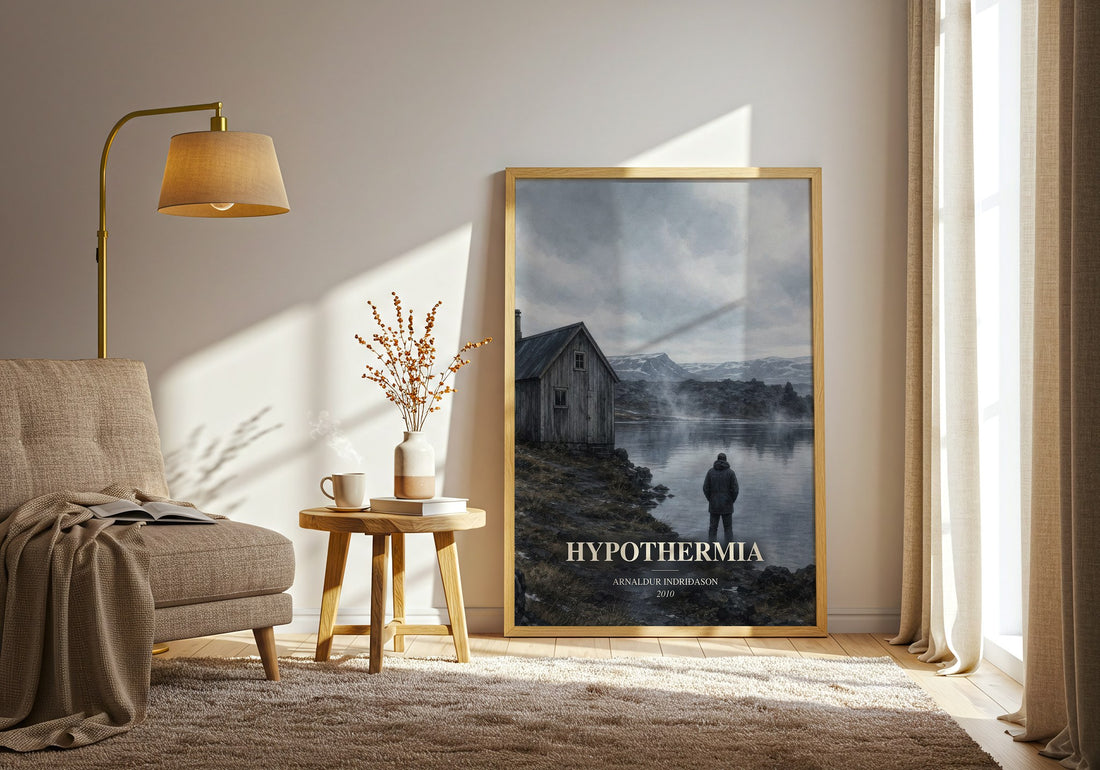 Hypothermia watercolour print in frame leaning in hallway – crime wall art (mockup)