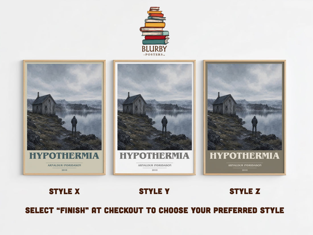 Hypothermia book cover print in frame leaning in hallway – crime wall art (mockup)