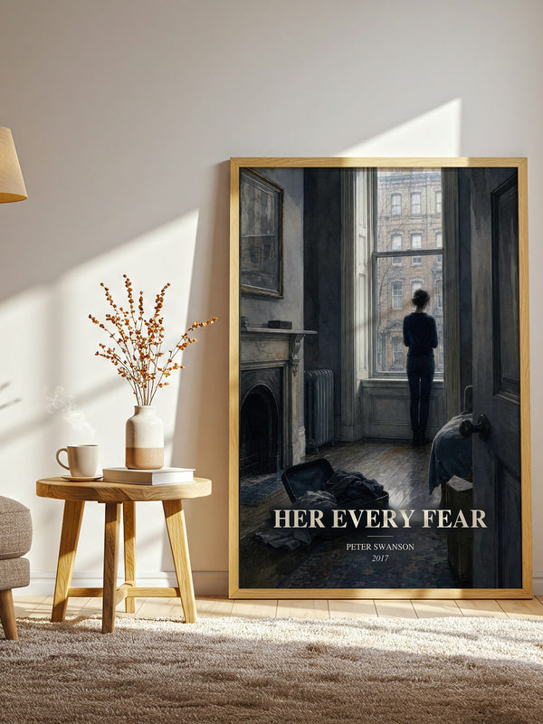Her Every Fear watercolour print in frame leaning in hallway – thriller wall art