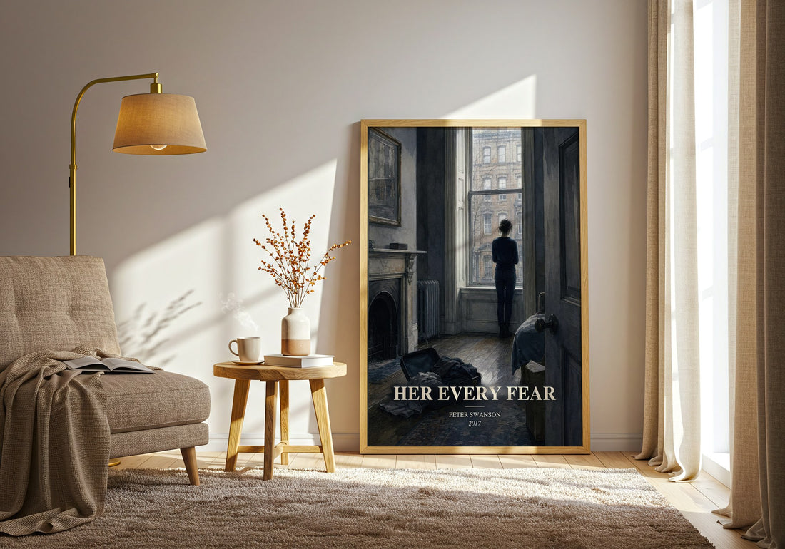 Her Every Fear watercolour print in frame leaning in hallway – thriller wall art (mockup)