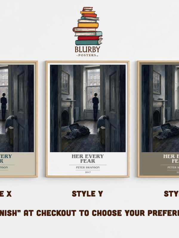 Her Every Fear book cover print in frame leaning in hallway – thriller wall art