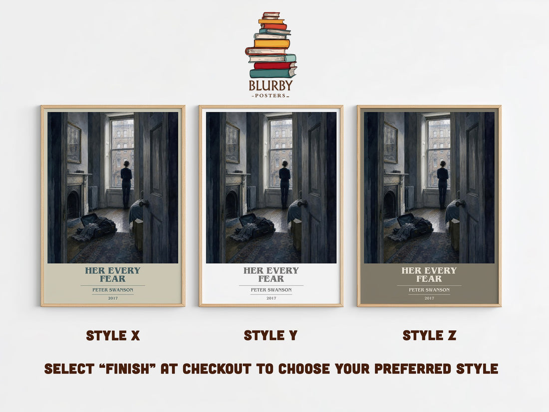 Her Every Fear book cover print in frame leaning in hallway – thriller wall art (mockup)