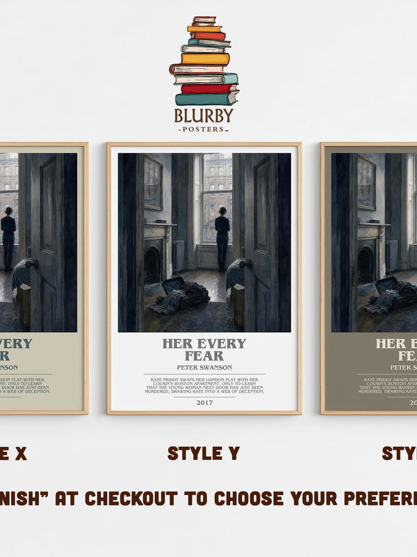 Her Every Fear bookish print in frame leaning in hallway – thriller wall art