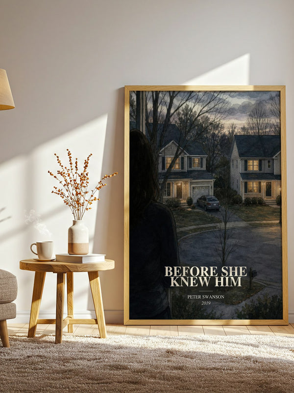 Before She Knew Him watercolour print in frame leaning in hallway – thriller wall art