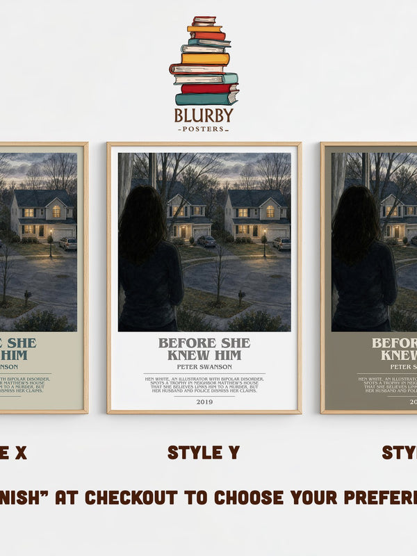 Before She Knew Him bookish print in frame leaning in hallway – thriller wall art