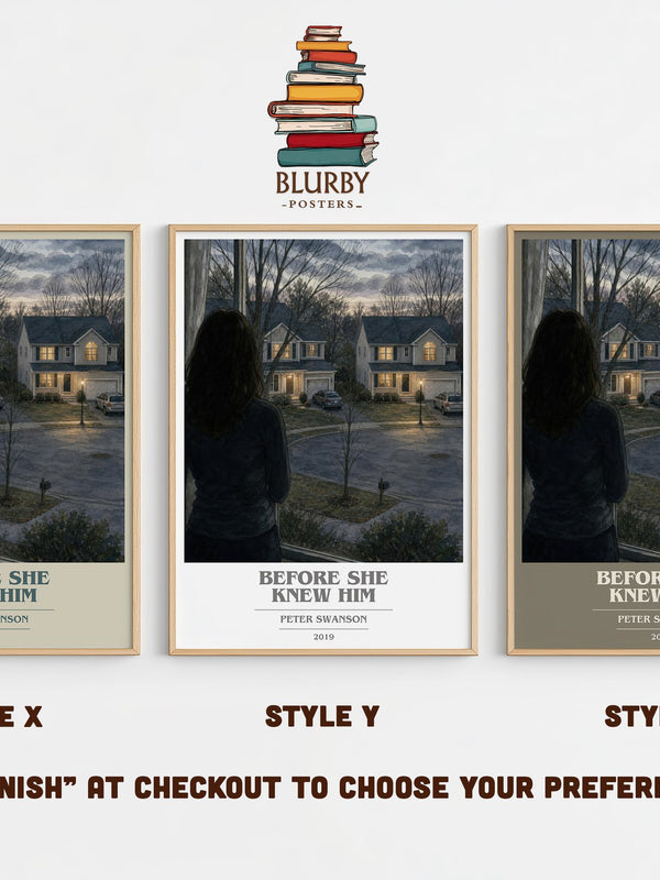 Before She Knew Him book cover print in frame leaning in hallway – thriller wall art