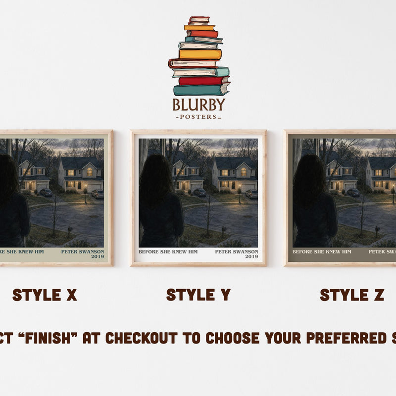 Before She Knew Him literary print in frame leaning in hallway – thriller wall art