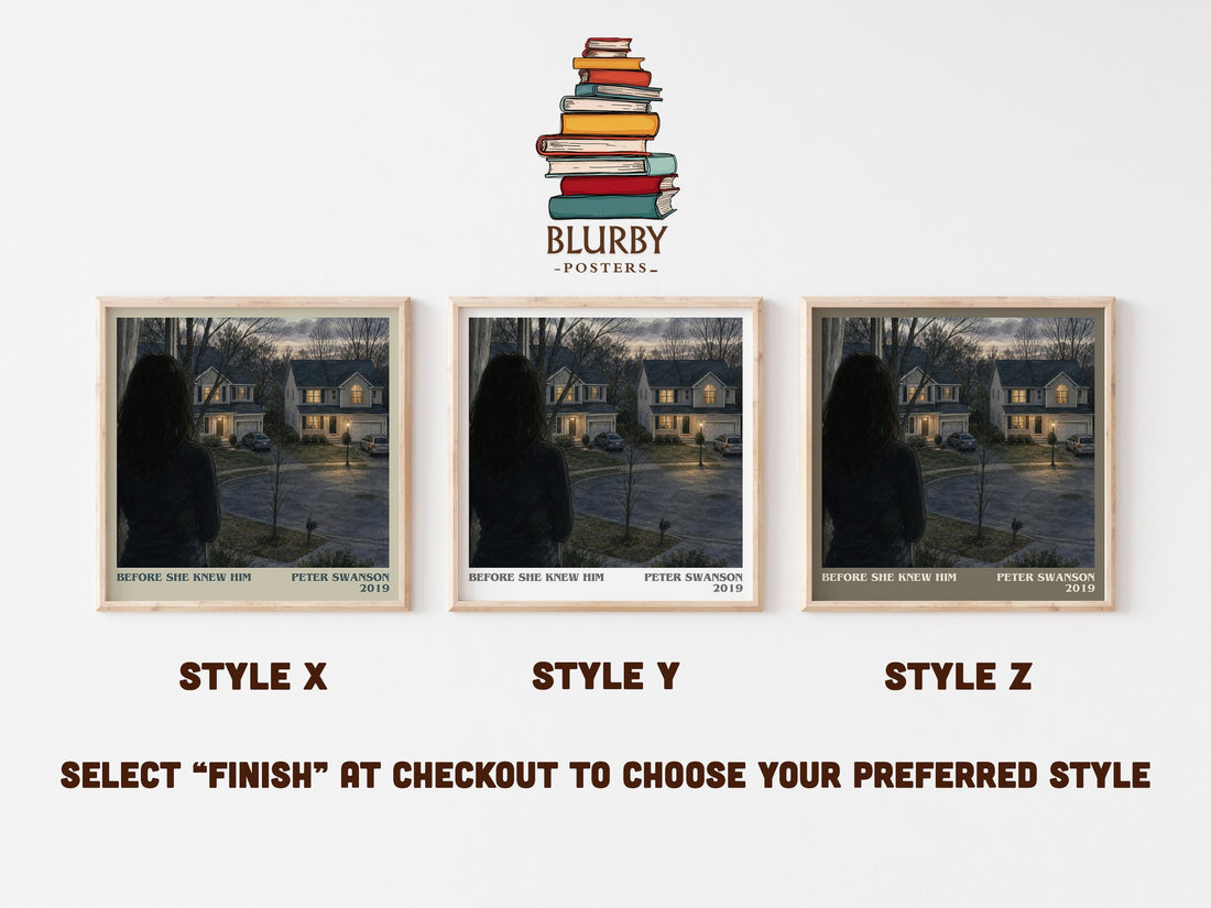 Before She Knew Him literary print in frame leaning in hallway – thriller wall art (mockup)